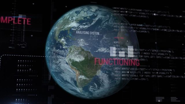 Image highlights a futuristic digital interface overlaying the Earth, symbolizing global connectivity and data operations. Ideal for use in cyber security, tech industry presentations, space technology discussions, global networking concepts, or to illustrate global communication advancements.