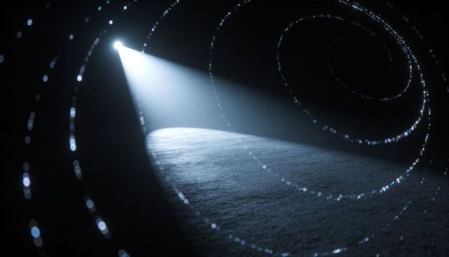 Spotlight beam casting over floor with spiraling particle bokeh and volumetric blue glow