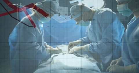 Surgical team performing operation under OR lights with data grid and analytics overlay