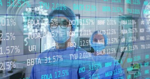 Surgical team balancing patient care while analyzing financial market ticker overlay