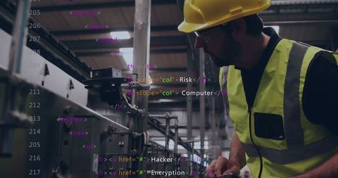 Industrial technician inspecting pipes with code overlay for cybersecurity and maintenance
