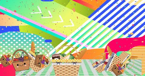Colorful Picnic Baskets with Energetic Abstract Background