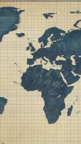 Vertical video showing blue Europe and Africa map on beige grid paper for education