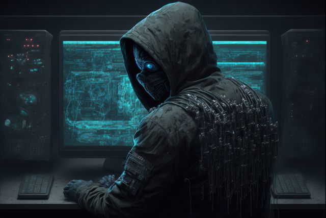 Depicting a futuristic hacker in a dark room filled with high-tech equipment and glowing blue screens. The figure wears a hooded jacket adorned with cybernetic enhancements and cyberpunk-inspired designs. Ideal for use in articles or projects related to cyber security, hacking, technology advancements, digital threats, and science fiction themes.