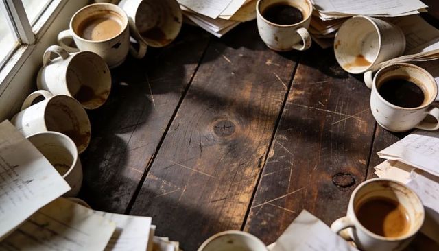 Rustic dark wooden tabletop ringed with stained ceramic coffee cups, scattered handwritten notes