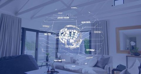 Augmented reality holographic globe floating above modern living room sofa displaying data readouts