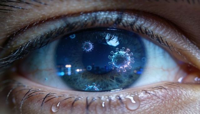 Macro eye reflecting coronavirus particles and city bokeh, shedding tear for medical concept