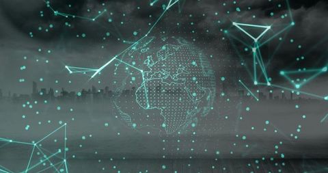 Digital globe and technology network over city skyline