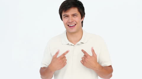 Smiling Man Shrugging with Confusion on White Background
