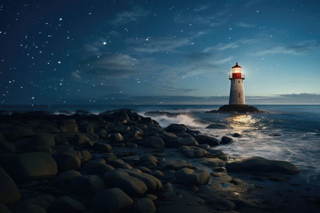 Lighthouse and stormy seas at night, created using generative ai technology. Building, sea, sailing and nature concept digitally generated image.