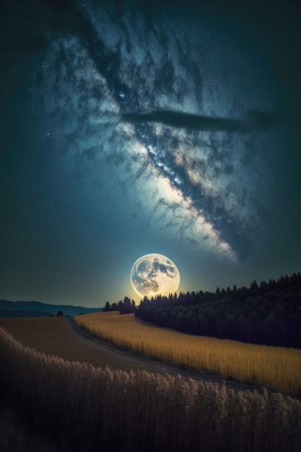 Milky Way stretching across star-studded night sky over a rural field with grain crops; full moon illuminating scene; distant treeline and rolling hills visible. Perfect for use in astronomy articles, nature calendars, rural-themed advertising, wall art, and educational materials about space and the universe.