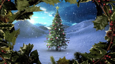 Christmas Tree in Snowy Landscape with Falling Snowflakes