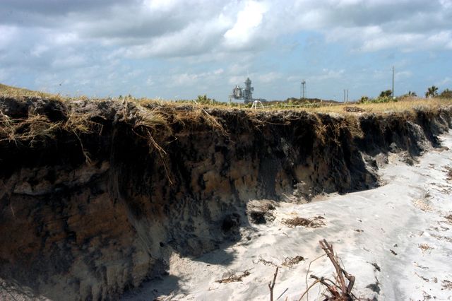 KENNEDY SPACE CENTER, FLA. - The storm surge and high winds of Hurricane Jeanne have replaced the rolling sand dunes on the KSC shoreline east of the launch pads with cliffs of sand, shown here.  A category 3 storm, Jeanne barreled through Central Florida Sept. 25-26,  the fourth hurricane in 6 weeks to batter the state.