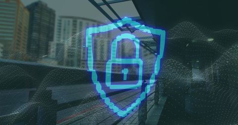 Digital Security Symbol with Futuristic City Background