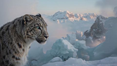 Snow leopard stalking in majestic snow-covered mountains