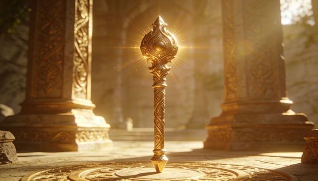 Glowing ornate golden scepter standing upright at ancient temple shrine — fantasy relic