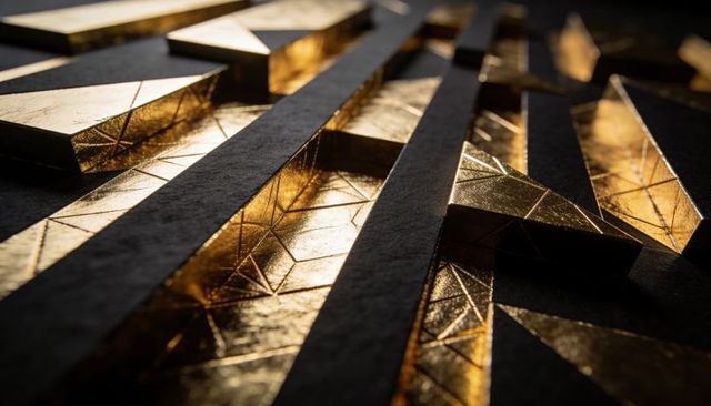 Gold-Metallic Geometric Inlay Panel Featuring Etched Chevrons and Matte Black Strips