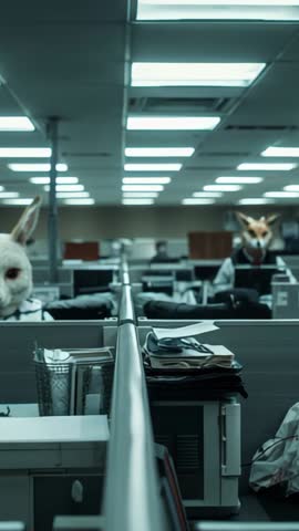 Tracking shot moving down cubicle aisle passing masked rabbit and fox in corporate office