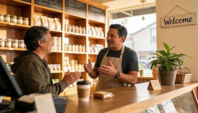 Friendly barista welcoming regular customer at cozy neighborhood bakery counter