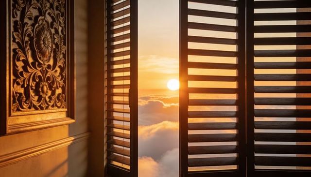 Casting warm golden light through wooden shutters over sunlit cloudscape