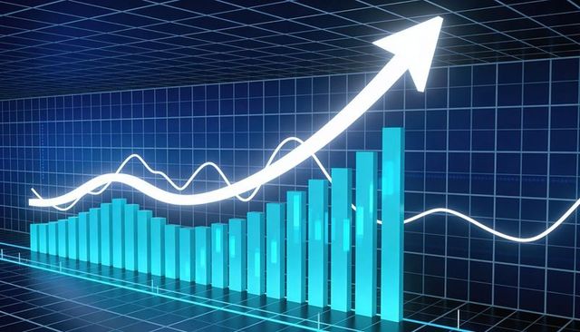 Futuristic 3d data growth visualization with neon cyan bars and upward arrow