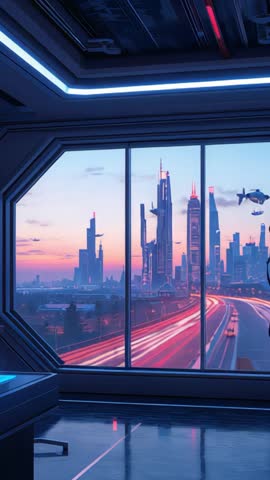 Vertical video of futuristic city skyline with drifting hovercraft and drones seen through window