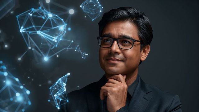 Thoughtful executive gazing at blue digital network holograms, technology headshot