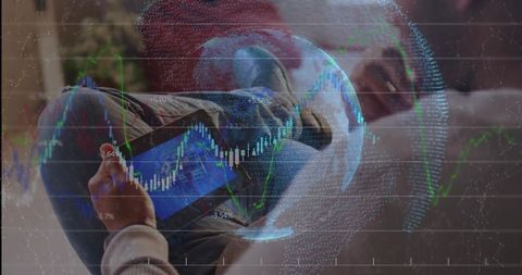 Reclining asian man tracking markets on tablet, data charts and holographic globe overlay