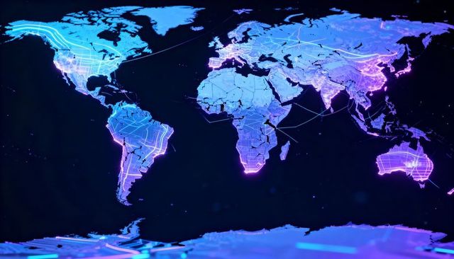Neon Global Connectivity Map with Glowing Coasts Grid, Network Arcs and Data Nodes