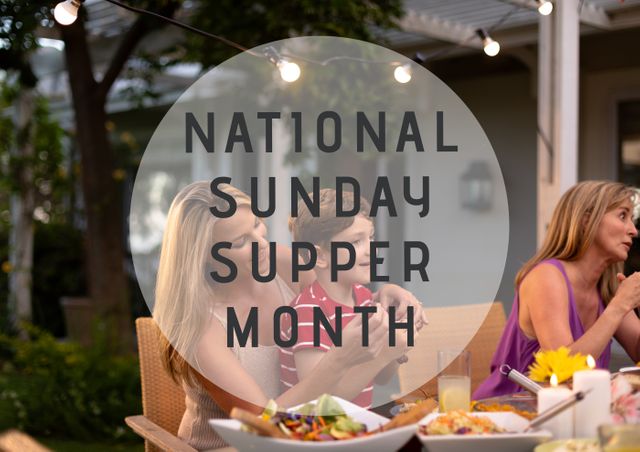 Digital composite image of national sunday supper month text over happy family at dining table. lifestyle and celebration.