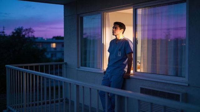 Clinician in scrubs leaning on balcony at twilight reflecting after night shift