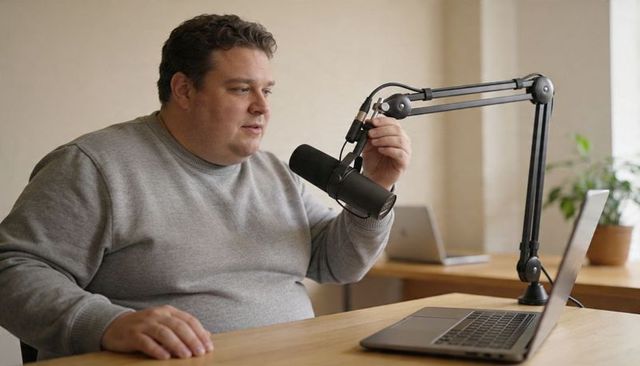 Podcasting host adjusting microphone on boom arm with laptop in minimalist home studio