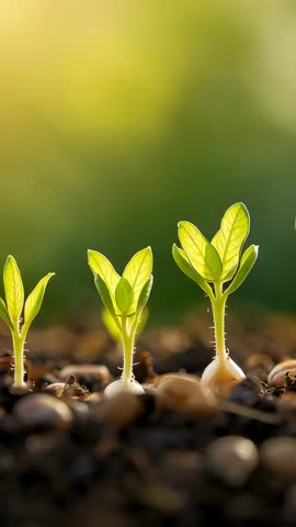 Vertical video of seedlings sprouting toward sunlight, symbolizing growth and renewal