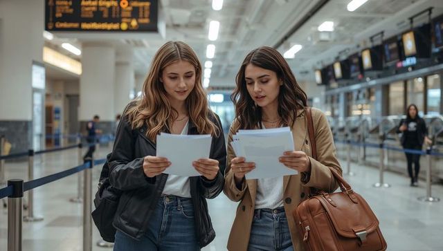 Young women comparing travel itineraries and documents at busy airport concourse terminal
