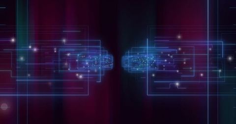 Neon Circuit Grid Converging into Futuristic Tunnel of Glowing Nodes and Cyan Wireframes