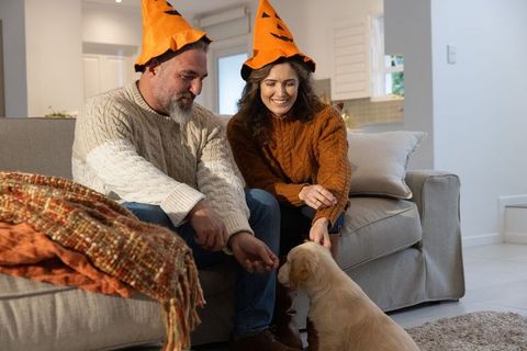 Couple wearing pumpkin hats petting puppy on cozy autumn living room sofa