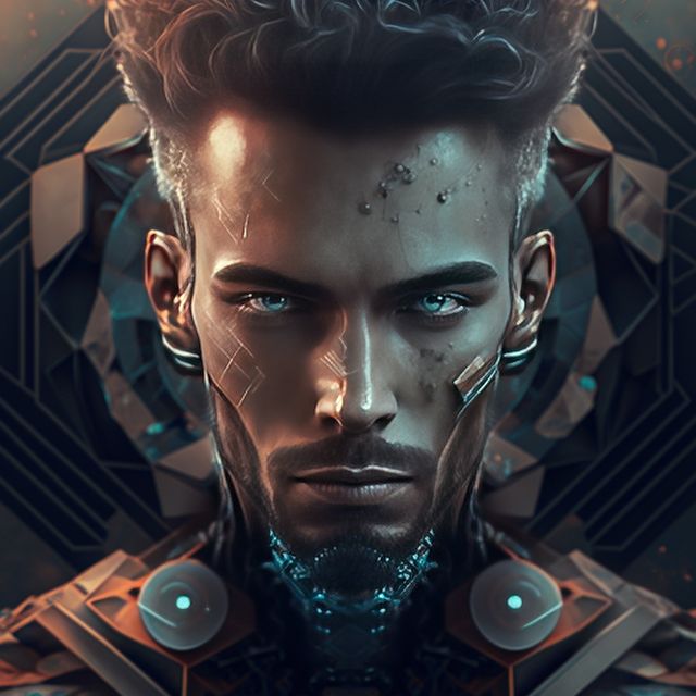 Portrait of caucasian man with cyber adjustment, created using generative ai technology. Cyber, prosthetics and future concept, digitally generated image.