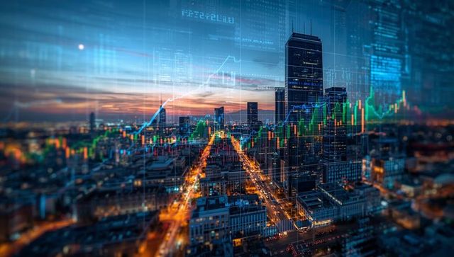 Modern Urban Skyline Blending with Stock Market Trends at Dusk