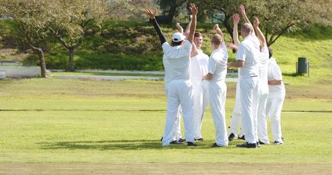 Cricket Team Celebrating Victory on Sunny Green Field