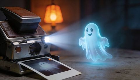Vintage instant camera projecting playful blue ghost hologram over polaroid print