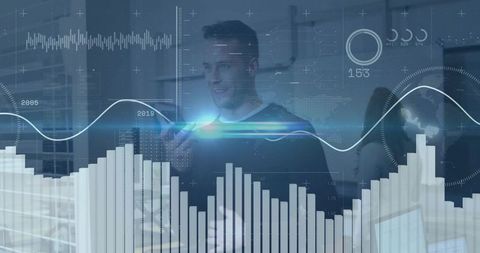 Man speaking into smartphone with holographic data visualization, analytics HUD, teamwork