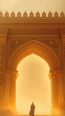 Silhouette Emerging Through Golden Desert Archway in Dust Haze, Mystical Spiritual Journey