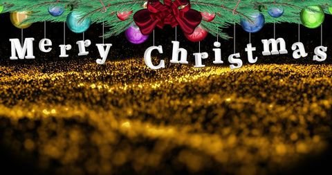 Festive merry christmas greeting with glitter and baubles