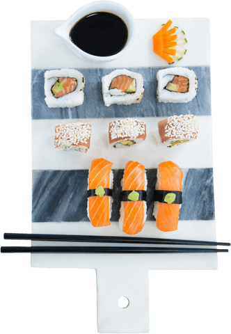 transparent overhead sushi assortment on white marble board - Download Free Stock Videos Pikwizard.com