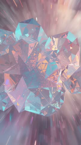 Floating Crystal Cluster Refracting Pink Cyan Gold Light in Futuristic Vertical Video