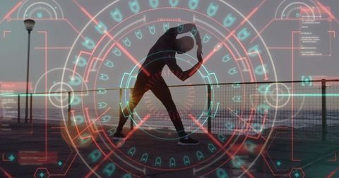 Virtual Fitness Interface Overlay on Man Exercising at Beach