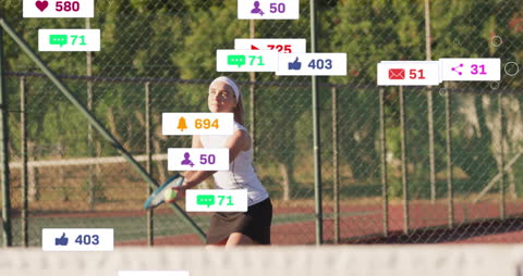 Female Tennis Player Surrounded by Social Media Analytics Overlays