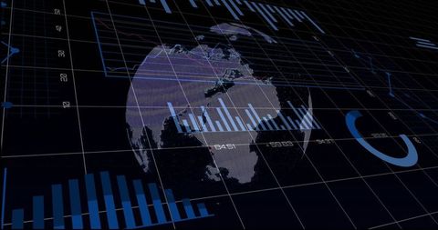 Holographic Rotating 3D Globe with Data Visualization Grid for Global Analytics Dashboard