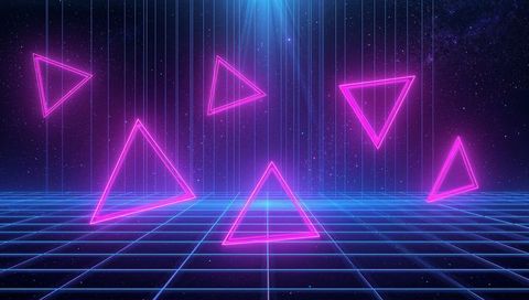 Floating neon triangles hovering over glowing retro grid with synthwave light beams