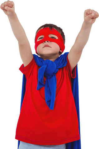 Child in superhero costume with red mask transparent background